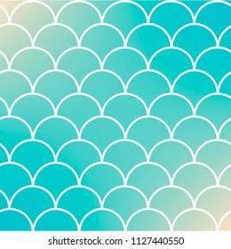 Mermaid tail on trendy gradient background. Square backdrop with mermaid tail ornament. Bright color transitions. Fish scale banner and invitation. Underwater and sea pattern. Turquoise, blue colors.