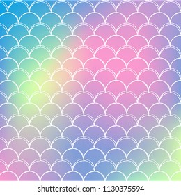 Mermaid tail on trendy gradient background. Square backdrop with mermaid tail ornament. Bright color transitions. Fish scale banner and invitation. Underwater and sea pattern. Rainbow colors.
