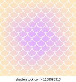 Mermaid tail on trendy gradient background. Square backdrop with mermaid tail ornament. Bright color transitions. Fish scale banner and invitation. Underwater and sea pattern. Warm peachy colors.