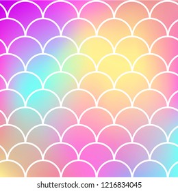 Mermaid tail on trendy gradient background. Square backdrop with mermaid tail ornament. Bright color transitions. Fish scale banner and invitation. Underwater and sea pattern. Rainbow colors.