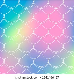 Mermaid tail on trendy gradient background. Square backdrop with mermaid tail ornament. Bright color transitions. Fish scale banner and invitation. Underwater and sea pattern. Rainbow colors.