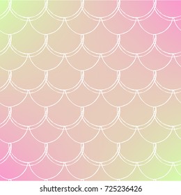 Mermaid tail on trendy gradient background. Square backdrop with mermaid tail ornament. Bright color transitions. Fish scale banner and invitation. Underwater and sea pattern. Warm peachy colors.