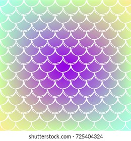Mermaid tail on trendy gradient background. Square backdrop with mermaid tail ornament. Bright color transitions. Fish scale banner and invitation. Underwater and sea pattern. Rainbow colors.