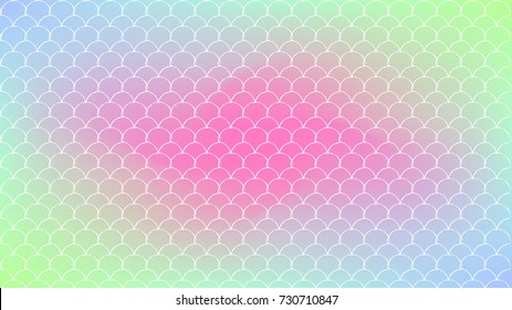 Mermaid tail on trendy gradient background. Horizontal backdrop with mermaid tail ornament. Bright color transitions. Fish scale banner and invitation. Underwater sea pattern. Rainbow colors.