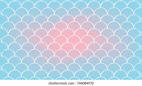 Mermaid tail on trendy gradient background. Horizontal backdrop with mermaid tail ornament. Bright color transitions. Fish scale banner and invitation. Underwater sea pattern. Blue, rose, pink colors.