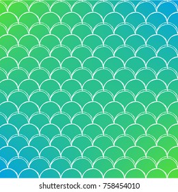 Mermaid tail on trendy gradient background. Square backdrop with mermaid tail ornament. Bright color transitions. Fish scale banner and invitation. Underwater and sea pattern. Green and blue colors.