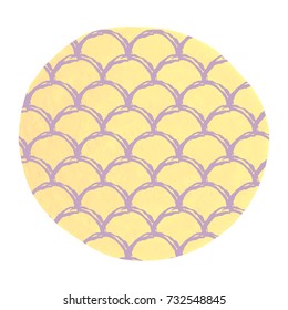 Mermaid tail on watercolor background. Bright colors. Fish scale banner and invitation. Girl underwater and sea pattern. Hand drawn round backdrop with mermaid tail ornament. Yellow vector.