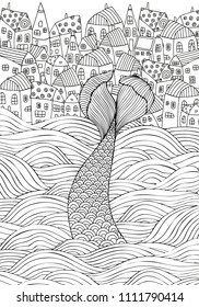 The mermaid tail on the waves. Seaside, homes, sea, art background.  Hand-drawn doodle vector. Zentangle style. Black and white vector illustration.