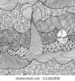 Mermaid tail on the waves. Seaside, sun, sea, art background.  Hand-drawn doodle vector. Zentangle style. Black and white vector illustration.