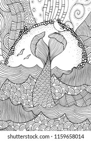 Mermaid tail on the waves. Seaside, sun, sea, art background.  Hand-drawn doodle vector. Zentangle style. Black and white vector illustration.