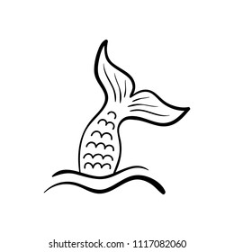 Mermaid tail in sea waves, vector hand drawn illustration, black outlined mermaid fish tail, isolated on white background.