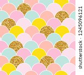 Mermaid tail seamless pattern with gold glitter elements. Cute kids print. Vector hand drawn illustration.