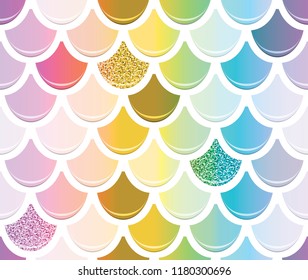 Mermaid tail seamless pattern with gold glitter elements. Trendy scale background. Multicolored.