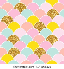 Mermaid tail seamless pattern with gold glitter elements. Cute kids print. Vector hand drawn illustration.