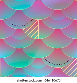 Mermaid tail seamless pattern, ornate background. Vector illustration. Vivid decor, drawn fishscale elements. Scale set, repeatable fish skin texture.