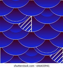 Mermaid tail seamless pattern, ornate background. Vector illustration. Vivid decor, drawn fishscale elements. Scale set, repeatable fish skin texture.