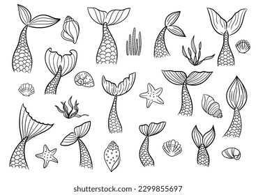 Mermaid tail with shell, seaweed, starfish cute vector icon set. Line sea fish hand drawn silhouette isolated on white background. Black contour marine tale girl elements. 