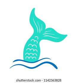 Mermaid tail vector graphic illustration. Hand drawn teal, turquoise mermaid, fish tail in sea, ocean waves.