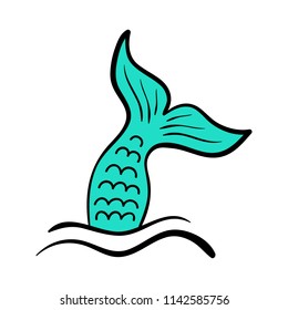 Mermaid tail vector graphic illustration. Hand drawn teal, turquoise mermaid, fish tail in sea, ocean waves.