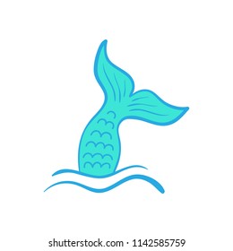 Mermaid tail vector graphic illustration. Hand drawn teal, turquoise mermaid, fish tail in sea, ocean waves.