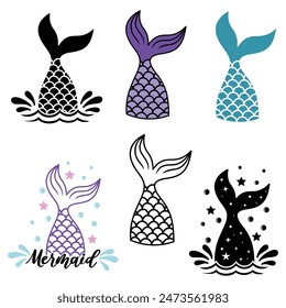 mermaid tail vector. Hand drawn silhouette of mermaid tail.Ocean  mermaid tail design isolated on white background.
