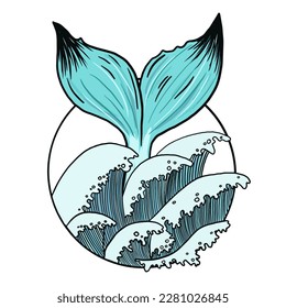 Mermaid tail vector illustration. Bright fish tail among the waves. Mermaid jump into the water.