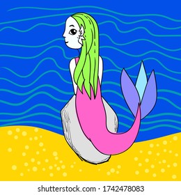 mermaid tail vector, ocean vector, joyful mermaid girl, green hair, purple tail, sandy shore, rock, water vector. Child imaginary drawing. Wallpaper, t-shirt vector, digital painting