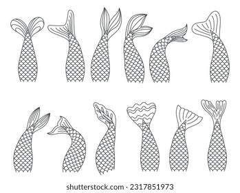 Mermaid tails flipper creature hand drawn black monochrome line art set vector illustration. Fairytale fish scales mystic aquatic animal with fin underwater swimming fantasy floating draw character