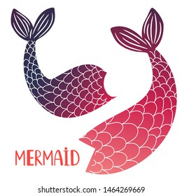 Mermaid tails vector isolated on white background. Mermaid tail sea illustration collection