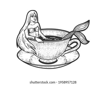 Mermaid taking a bath in cup of coffee sketch engraving vector illustration. T-shirt apparel print design. Scratch board imitation. Black and white hand drawn image.