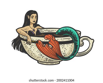 Mermaid taking a bath in cup of coffee color line art sketch engraving vector illustration. T-shirt apparel print design. Scratch board imitation. Black and white hand drawn image.