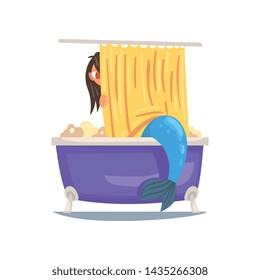 Mermaid Taking Bath Full of Soap Foam Vector Illustration
