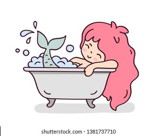 Mermaid taking a foam bath. Cute cartoon character for emoji, sticker, pin, patch, badge. Vector illustration.