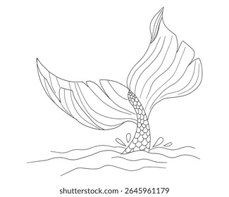 Mermaid tale fin line tattoo sketch hand drawn. Sea life, tail with scale textured, geometric elegant vector outline with marine elements