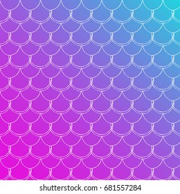 Mermaid tale on trendy gradient background. Square backdrop with mermaid tale ornament. Bright color transitions. Fish scale banner and invitation. Underwater sea pattern. Blue, purple, pink colors.