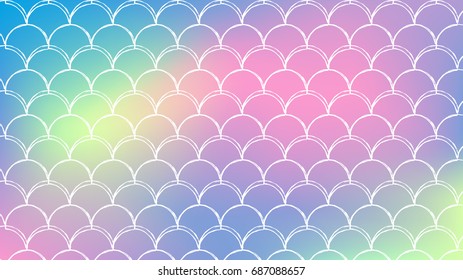 Mermaid tale on trendy gradient background. Horizontal backdrop with mermaid tale ornament. Bright color transitions. Fish scale banner and invitation. Underwater sea pattern. Rainbow colors.