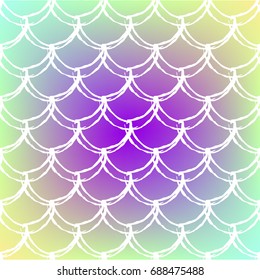 Mermaid tale on trendy gradient background. Square backdrop with mermaid tale ornament. Bright color transitions. Fish scale banner and invitation. Underwater and sea pattern. Rainbow colors.