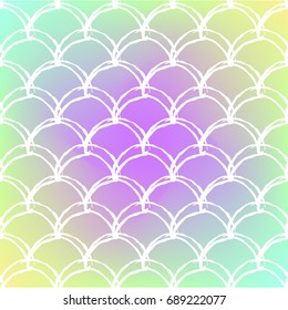 Mermaid tale on trendy gradient background. Square backdrop with mermaid tale ornament. Bright color transitions. Fish scale banner and invitation. Underwater and sea pattern. Rainbow colors.