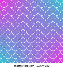 Mermaid tale on trendy gradient background. Square backdrop with mermaid tale ornament. Bright color transitions. Fish scale banner and invitation. Underwater sea pattern. Blue, purple, pink colors.