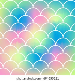 Mermaid tale on trendy gradient background. Square backdrop with mermaid tale ornament. Bright color transitions. Fish scale banner and invitation. Underwater and sea pattern. Rainbow colors.