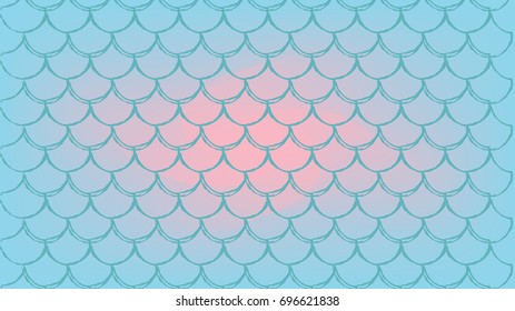 Mermaid tale on trendy gradient background. Horizontal backdrop with mermaid tale ornament. Bright color transitions. Fish scale banner and invitation. Underwater sea pattern. Blue, rose, pink colors.