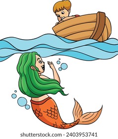 Mermaid Talking to a Boy in the Boat Clipart 
