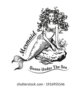Mermaid tattoo design. Monochrome element with girl with fishtail vector illustration with text. Sea or sailing concept for symbols and labels templates