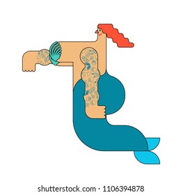 Mermaid with tattoo. Underwater beautiful woman. Vector illustration
