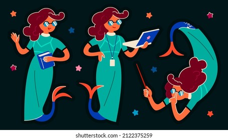 Mermaid teacher guide explains learning material holding laptop, book and pointer in hand