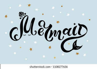 Mermaid text as logo, badge, patch, icon isolated on blue background. Handwritten lettering Mermaid for birthday, greeting card, party invitation, flyer, banner template, baby shop, t-shirt design.