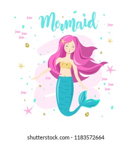 Mermaid text on textured background with mermaid, stars, fish. Vector illustration for clothing, greeting card, party, logo, badge, icon, card, invitation and banner template. Lettering typography.
