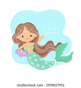 The mermaid throws out the little star and holds the shell in the other hand