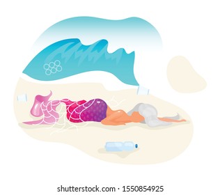 Mermaid trapped in fishnet flat concept icon. Dead fantasy creature on beach sticker, clipart. Plastic pollution in ocean problem. Nature damage. Isolated cartoon illustration on white background