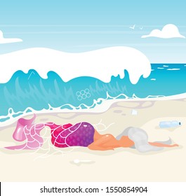 Mermaid trapped in fishnet flat vector illustration. Plastic pollution, ocean contamination problem. Nature damage. Ecological catastrophe. Dead fantasy creature on beach cartoon character